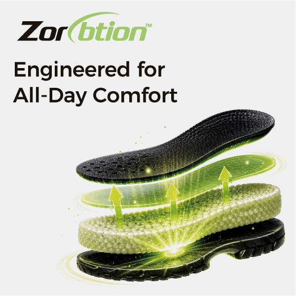 Tecnologia di ammortizzazione Zorption™ per assorbimento degli urti e comfort per tutto il giorno nelle calzature di sicurezza